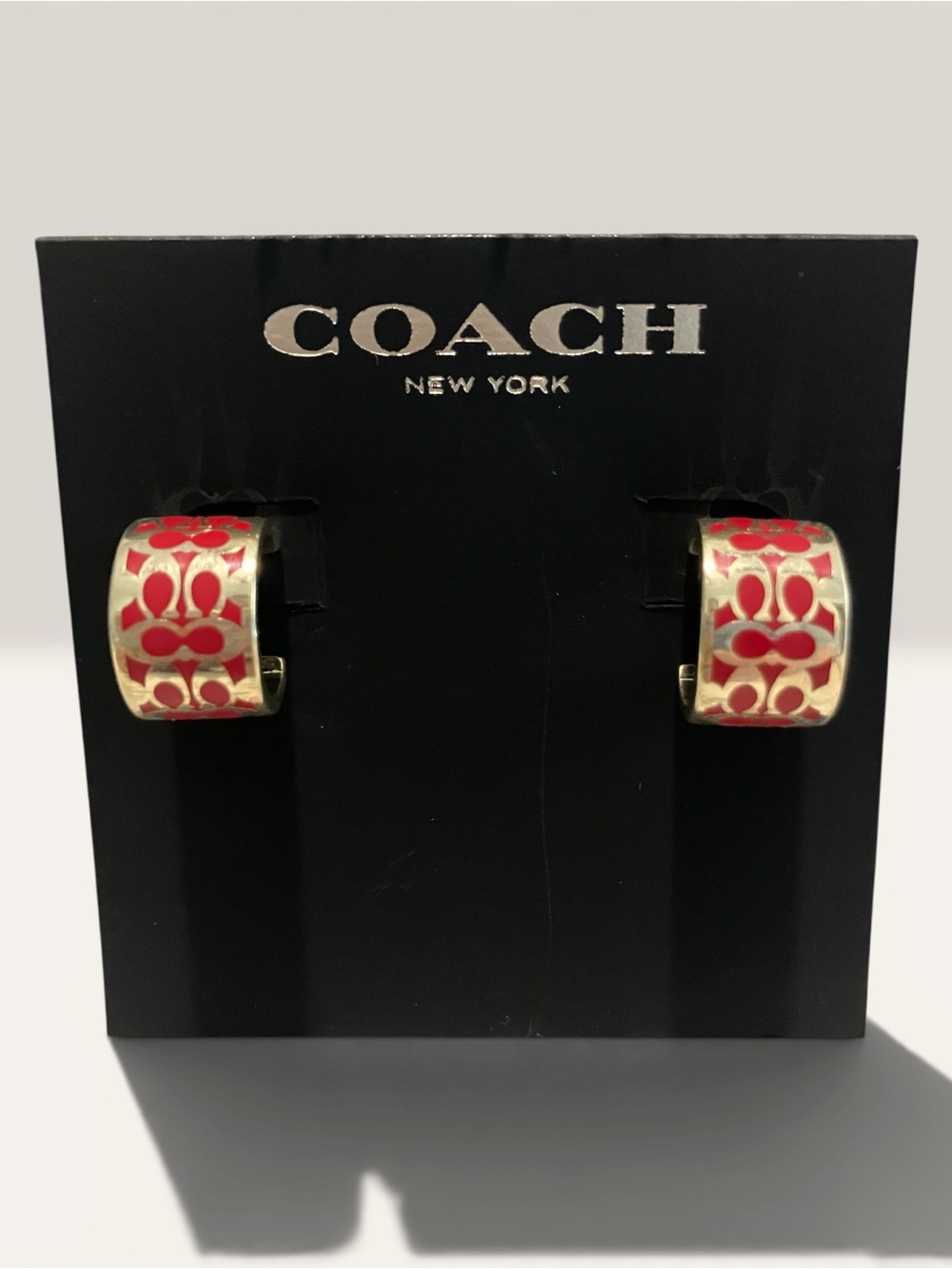 Coach Red Enamel Signature Hoop Earrings with Gold-Tone Accents